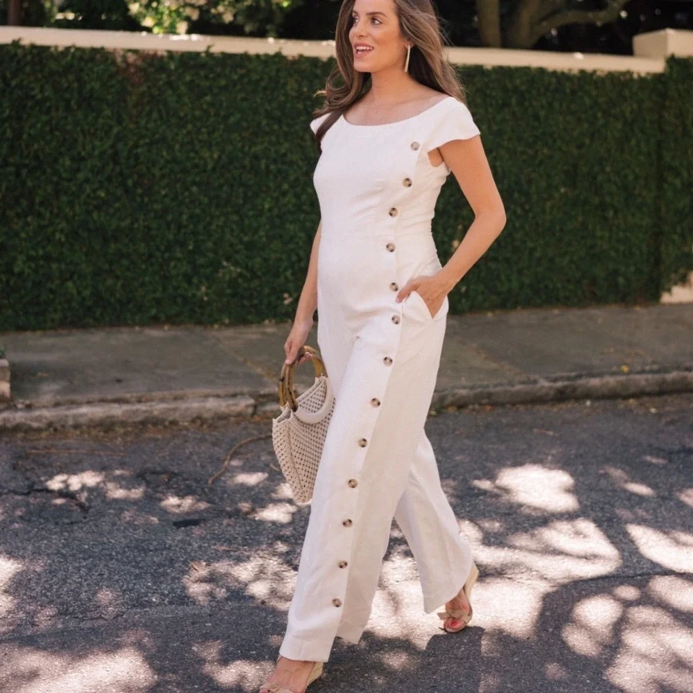 Gal Meets Glam Collection Ivory Wide Leg Side Button Jumpsuit K0393M Size 2‎ NEW